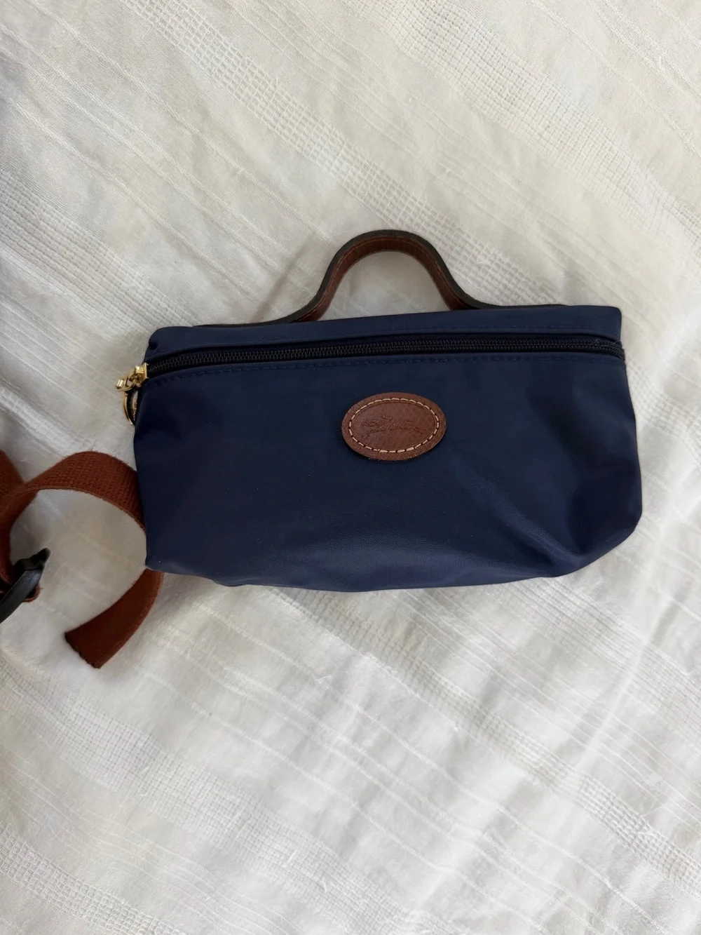 Longchamp Le Pliage Backpack Navy and Brown Nylon Backpack with Leather Flap
